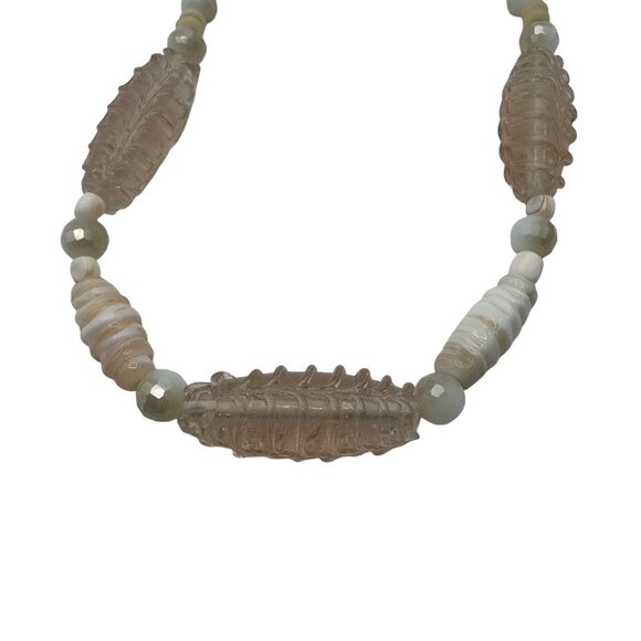 Beaded Necklace With Carved Glass And Stone Beads 15 Inch Adjustable Clasp - Picture 2 of 6